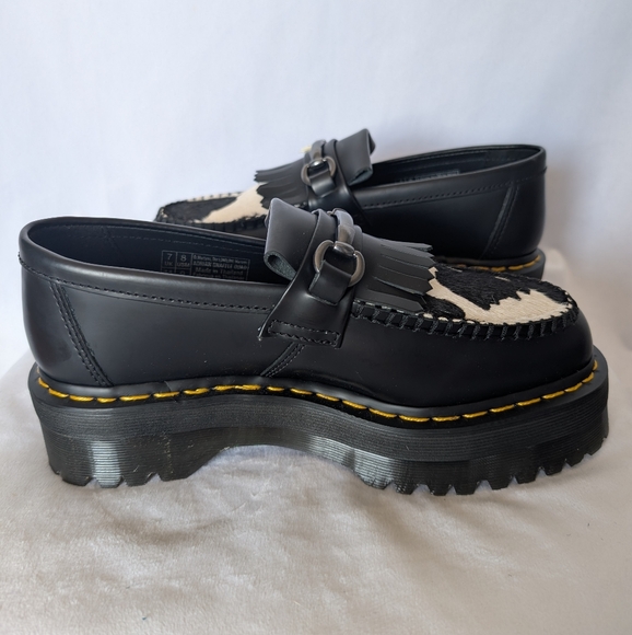 Dr. Martens Adrian Snaffle Quad Black/White Cow Print Horsebit Leather Loafers - Picture 12 of 14